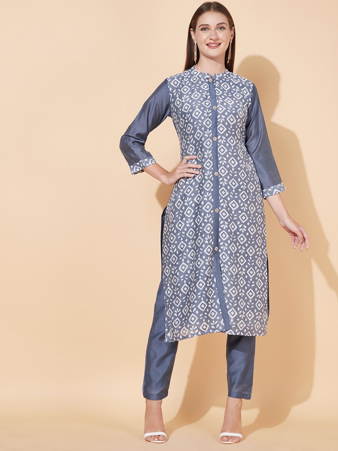 

FASHOR Women Blue Printed Kurta with Trousers