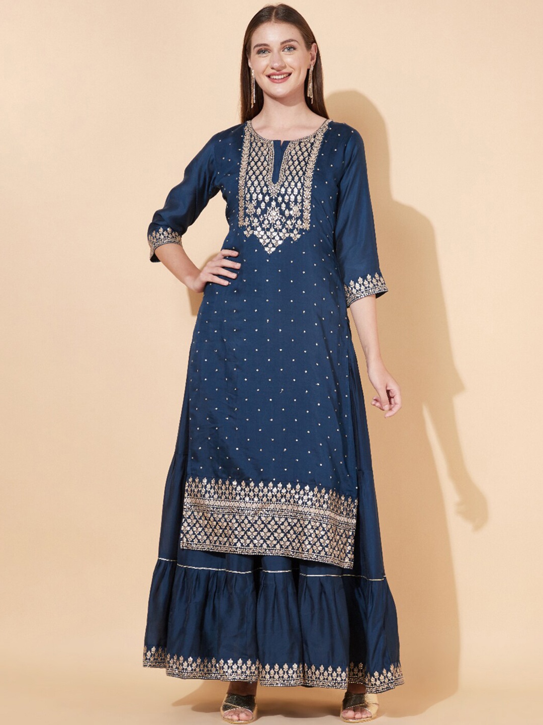 

FASHOR Navy Blue Ethnic Motifs Ethnic Maxi Dress