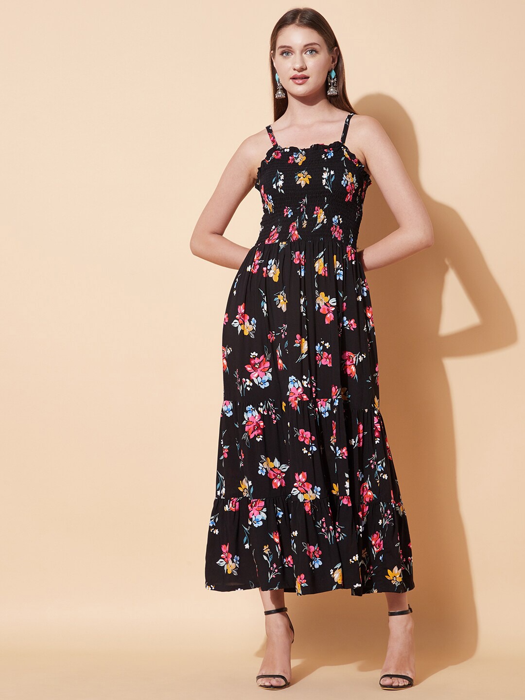 

FASHOR Black Floral Tiered Flared Smocked Midi Dress