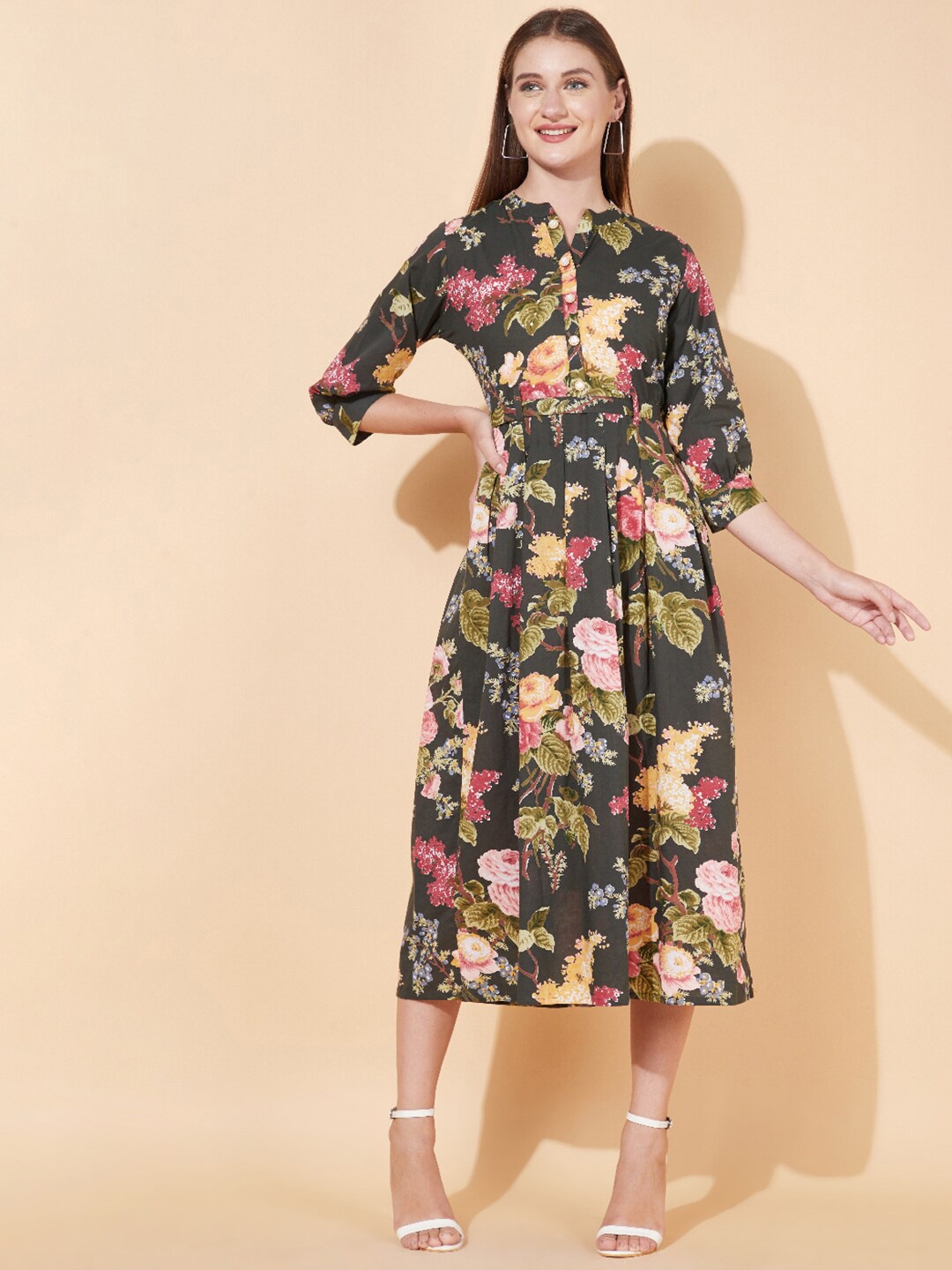 

FASHOR Green Floral Cotton Midi Dress with Belt