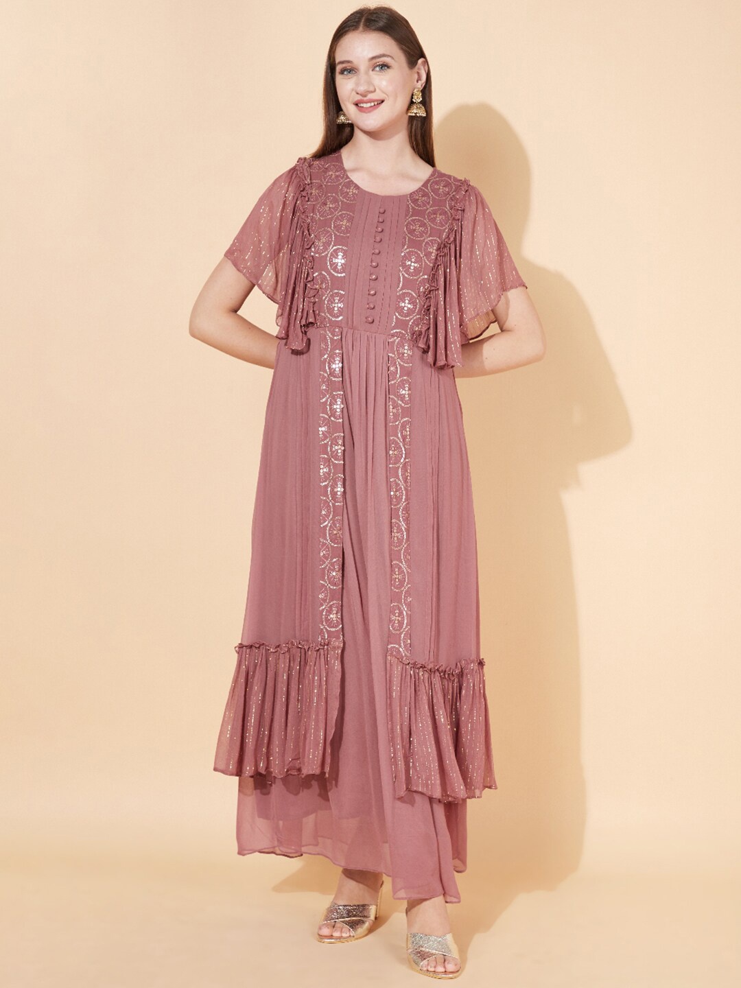 

FASHOR Mauve Layered Georgette Maxi Dress