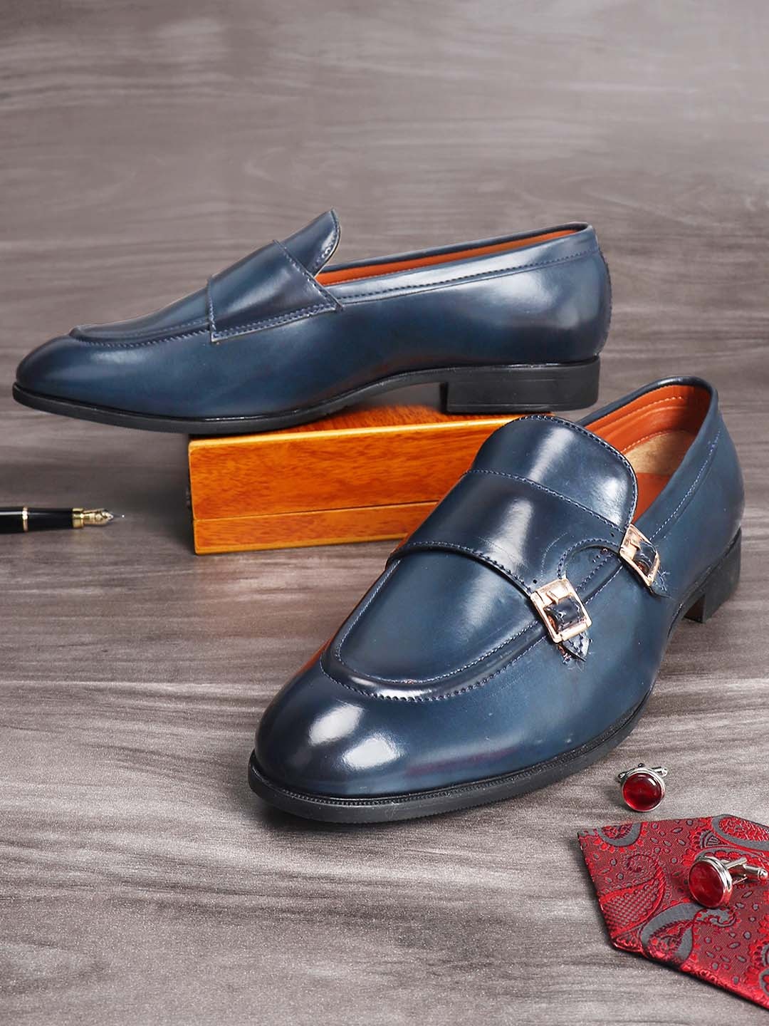 

MUTAQINOTI Men Patent Leather Monks, Blue