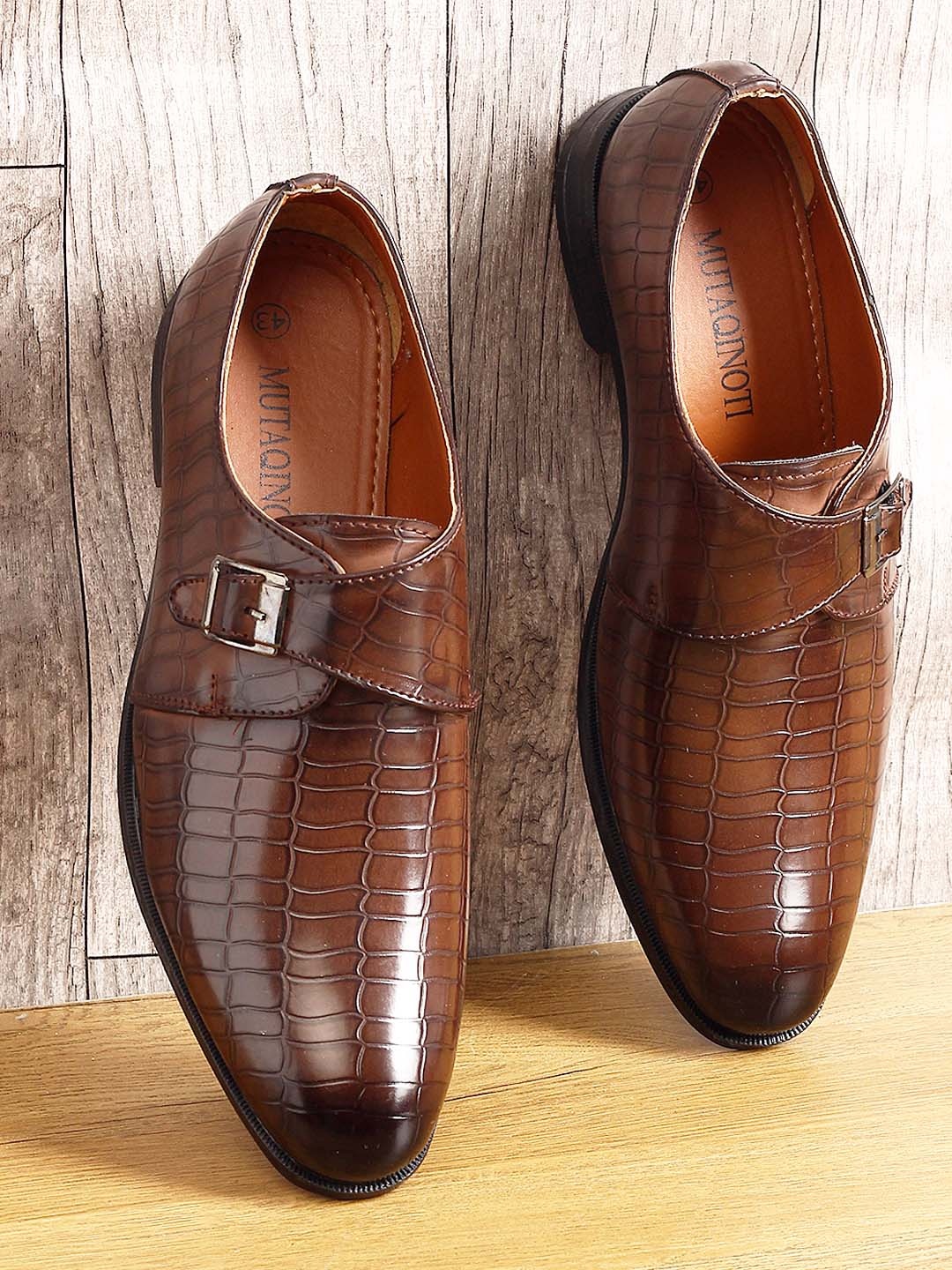 

MUTAQINOTI Men Brown Textured Patent Leather Monks