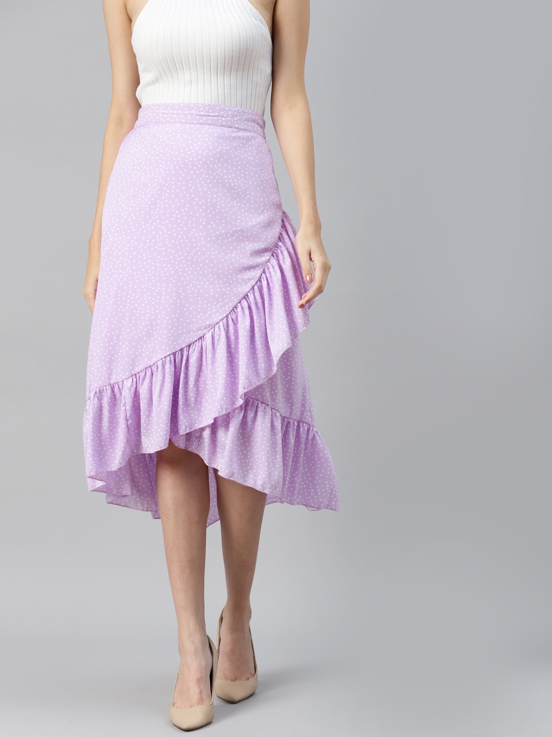 

plusS Women Lavender & White Polka Dots Print Wrap Midi Skirt With Ruffles Detail
