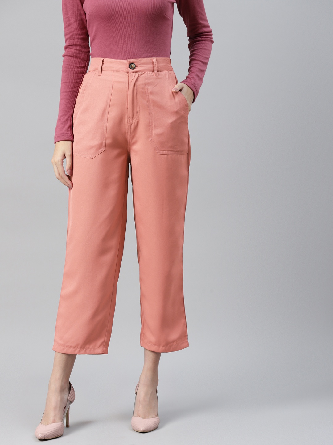 

plusS WORX Women Peach-Coloured Cropped Trousers