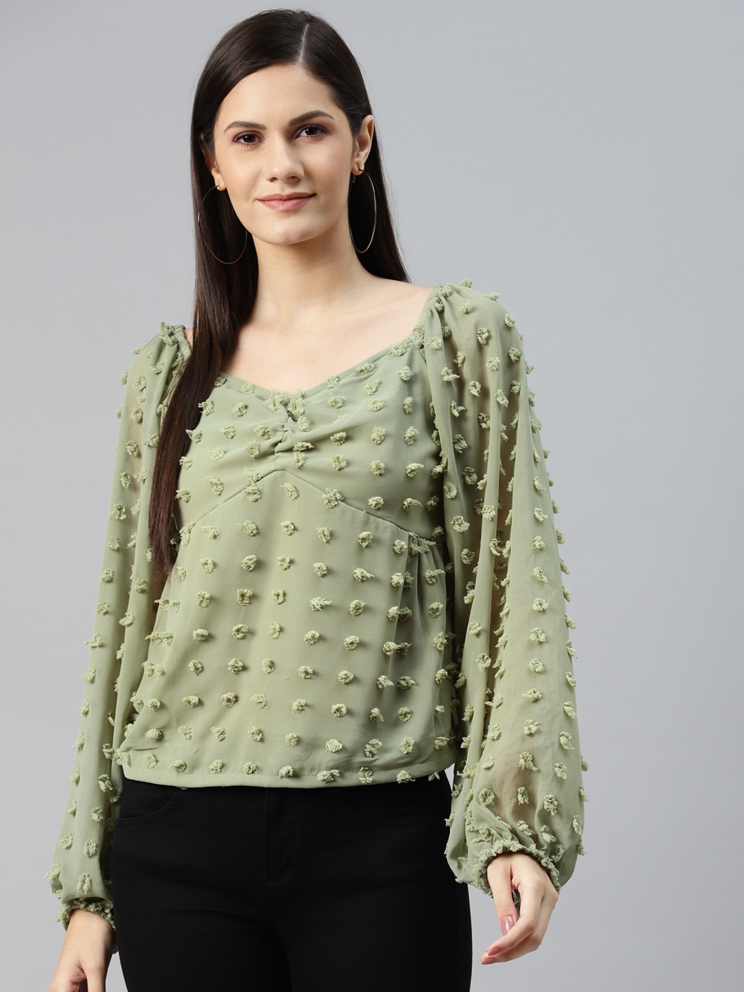 

plusS Olive Green Sweetheart Neck Georgette Top