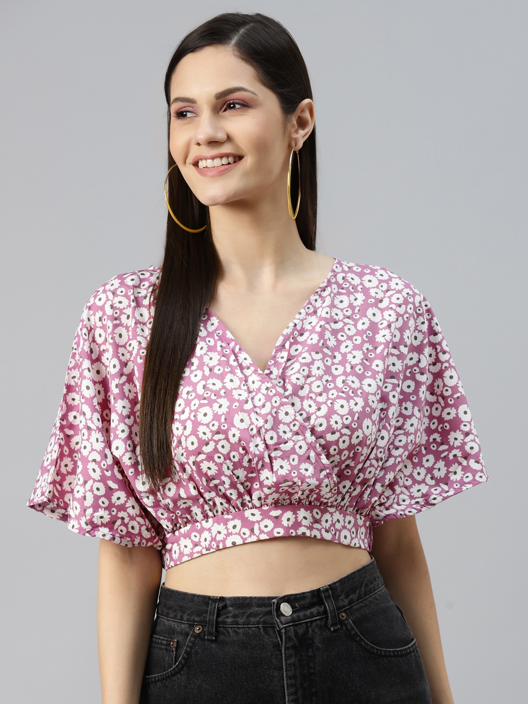 

plusS Purple & White Floral Print Wrap Crop Top