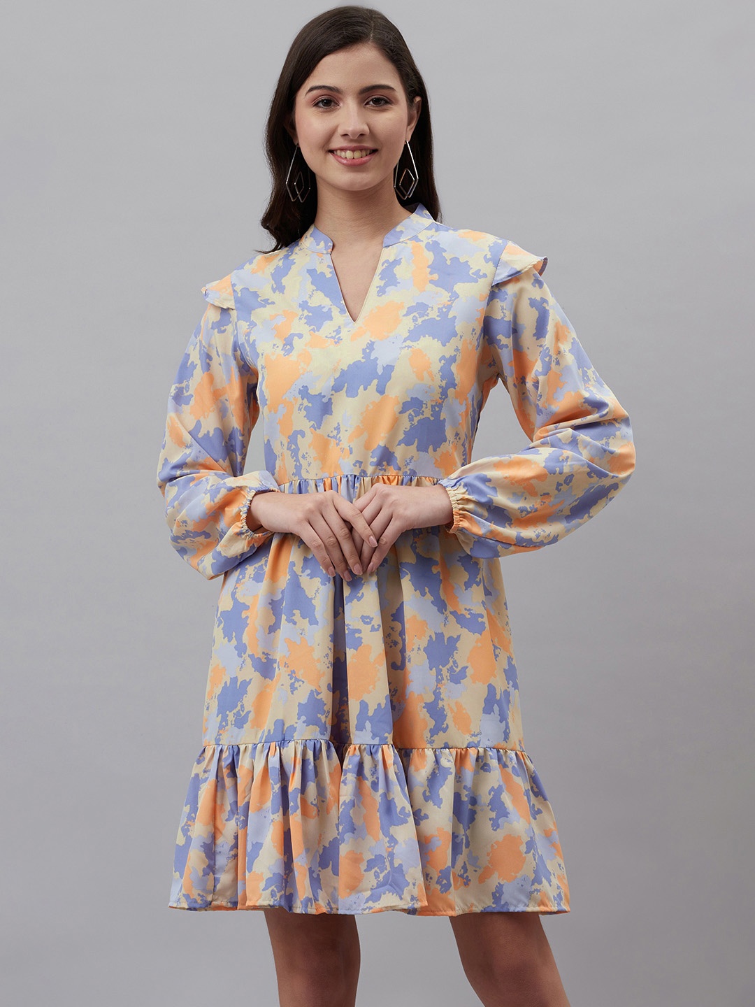 

plusS Blue & Peach-Coloured Printed A-Line Dress
