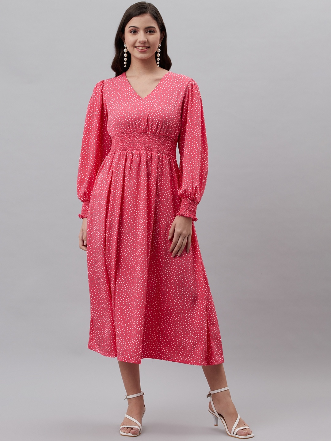 

plusS Pink & Off White Polka Dots Print A-Line Midi Dress
