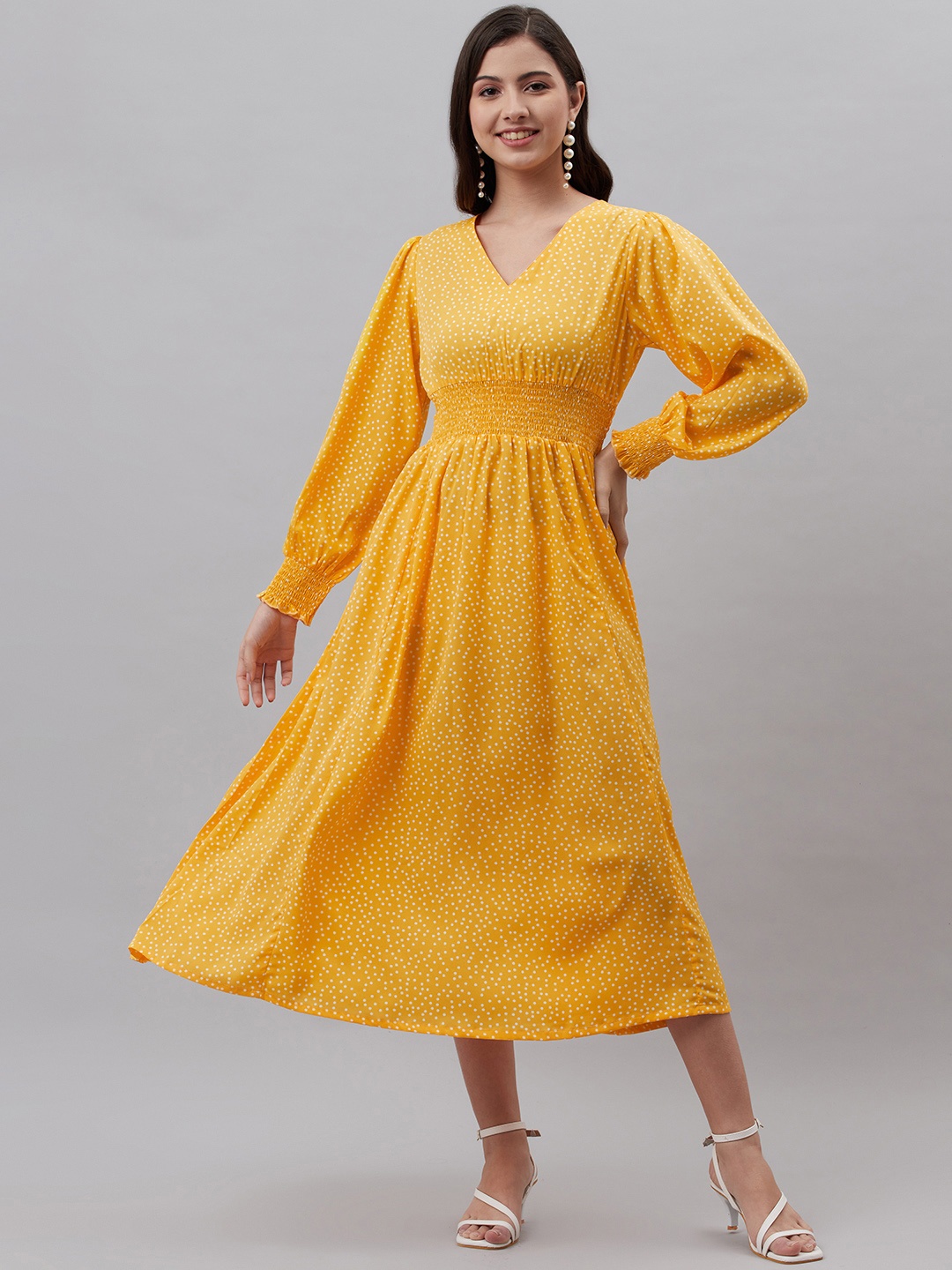 

plusS Yellow & Off White Polka Dots Print A-Line Midi Dress