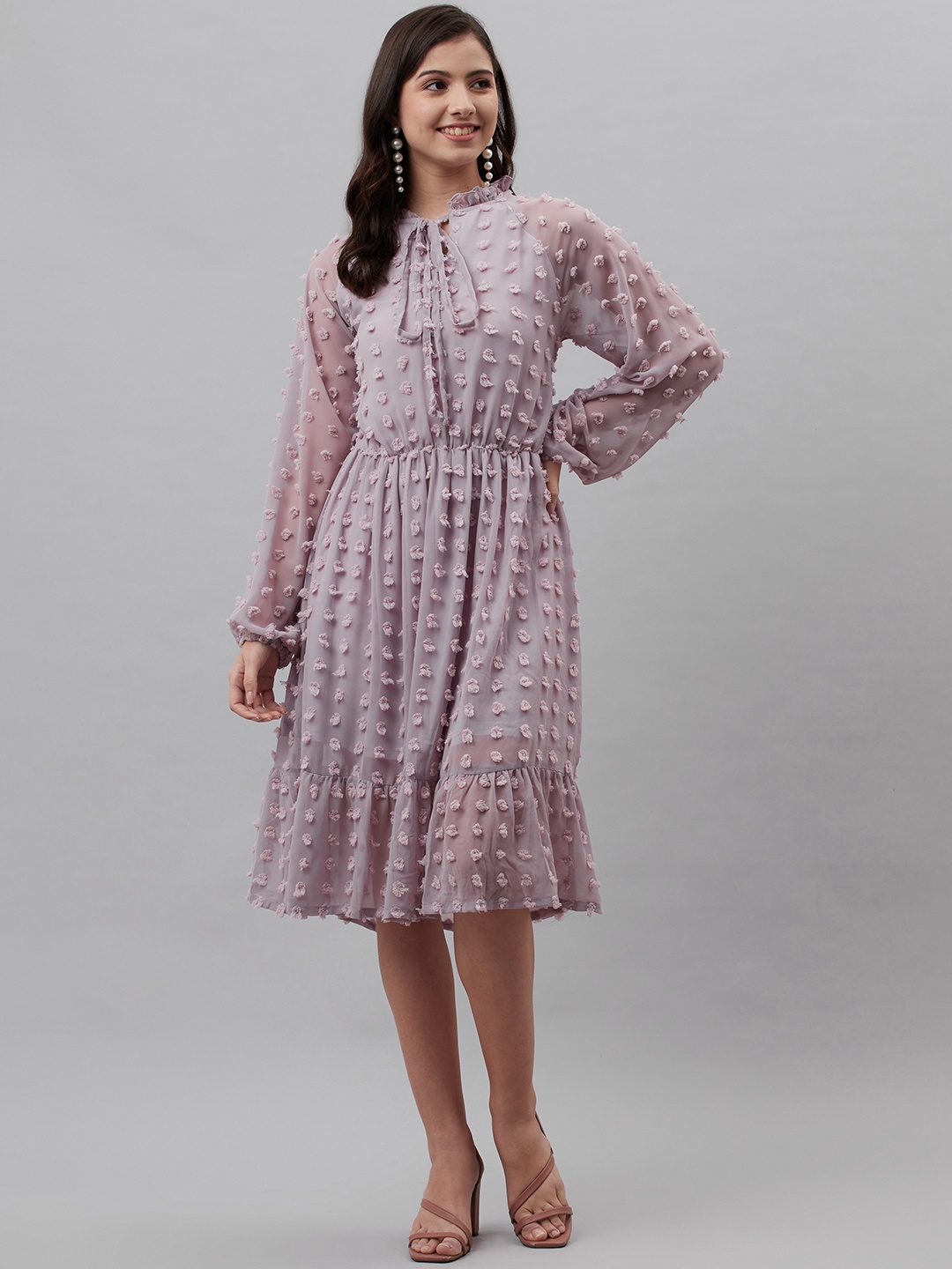 

plusS Lavender Dobby Weave Tie-Up Neck A-Line Dress