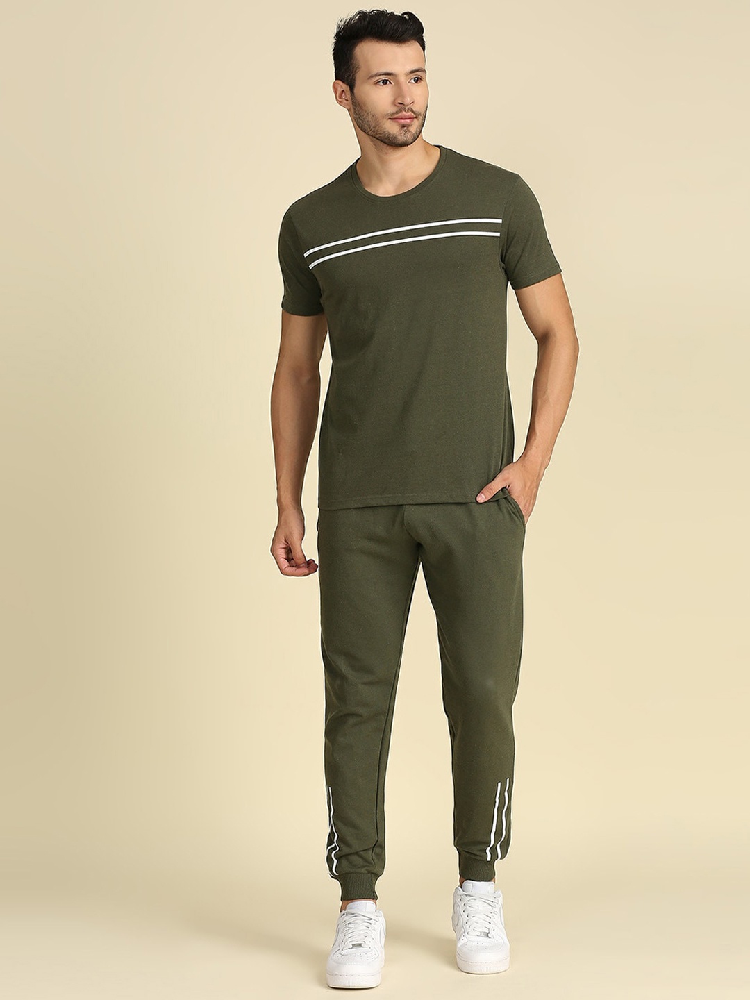 

High Star Men Olive Green Solid Co-Ords Set