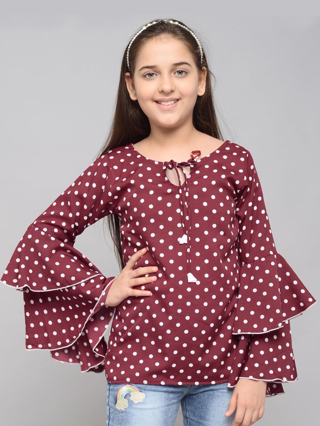 

White World Maroon & White Print Tie-Up Neck Ruffles Crepe Top