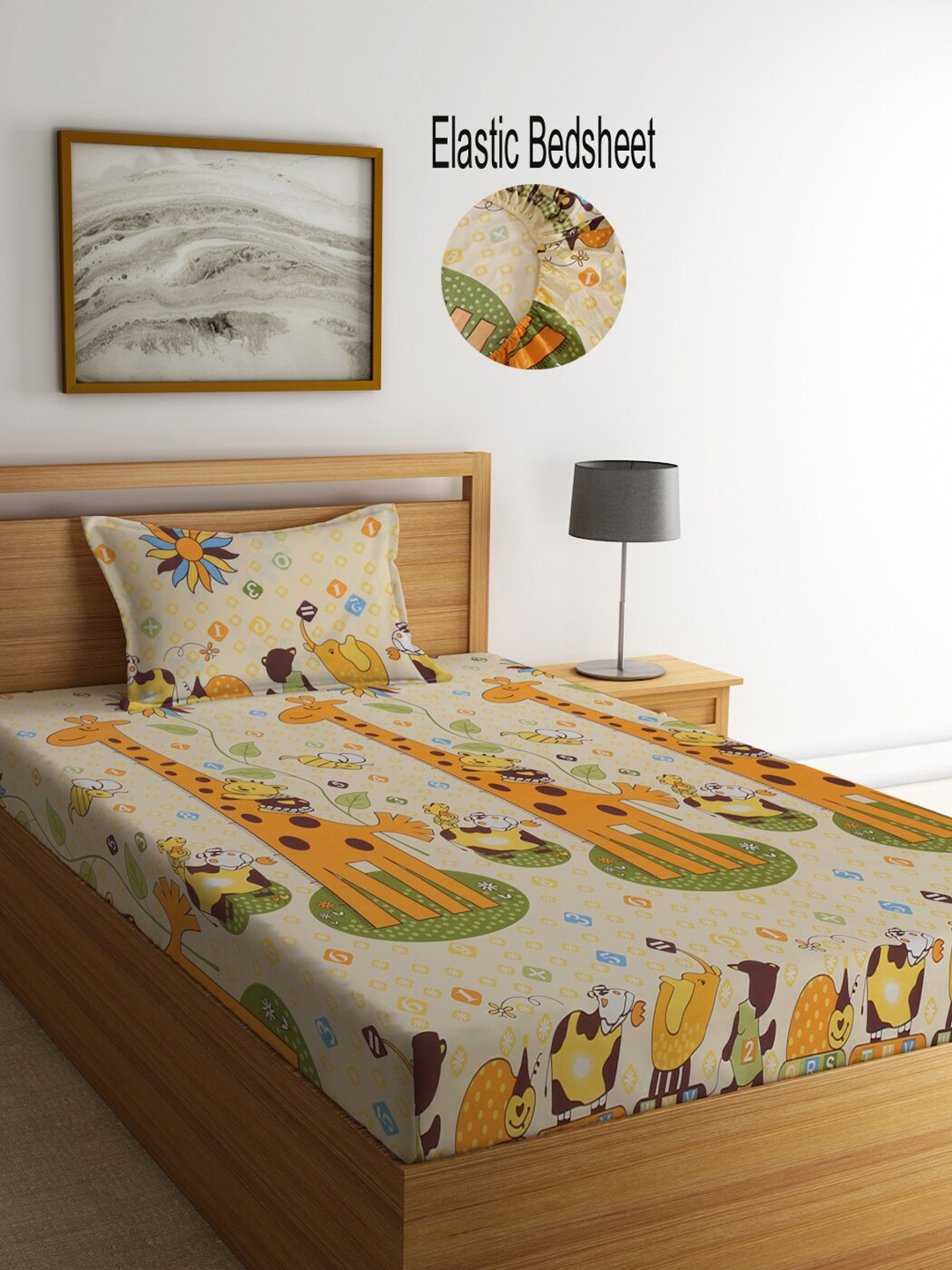 

KLOTTHE Orange & Green Cartoon Characters 300 TC Single Bedsheet with 1 Pillow Covers