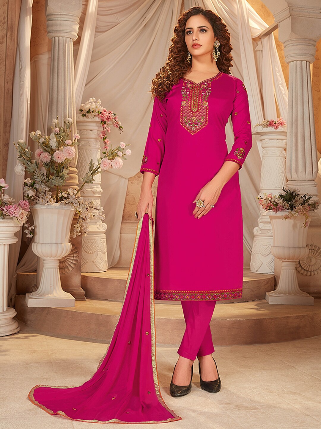 

Shaily Pink & Red Embroidered Pure Cotton Unstitched Dress Material