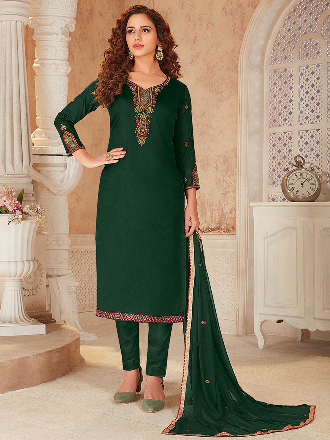 

Shaily Green & Pink Embroidered Pure Cotton Unstitched Dress Material