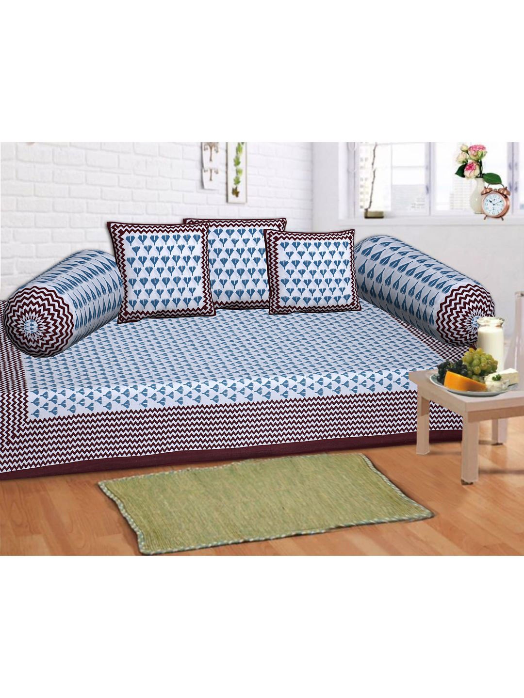 

INDHOME LIFE Adults Set of 6 Blue Printed Pure Cotton Diwan Set