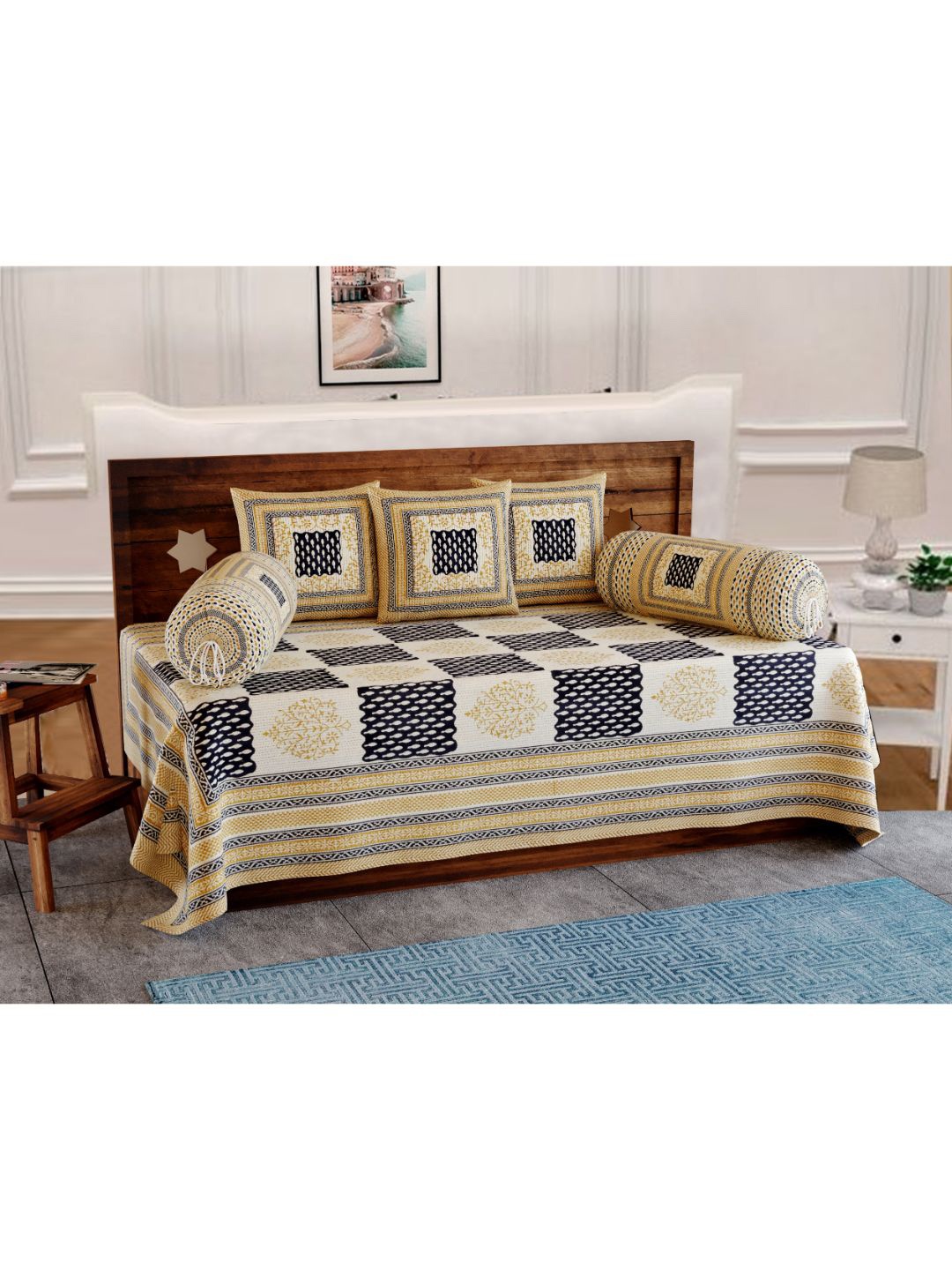 

INDHOME LIFE Set Of 6 Beige & White Jaipuri Printed Pure Cotton Diwan Set