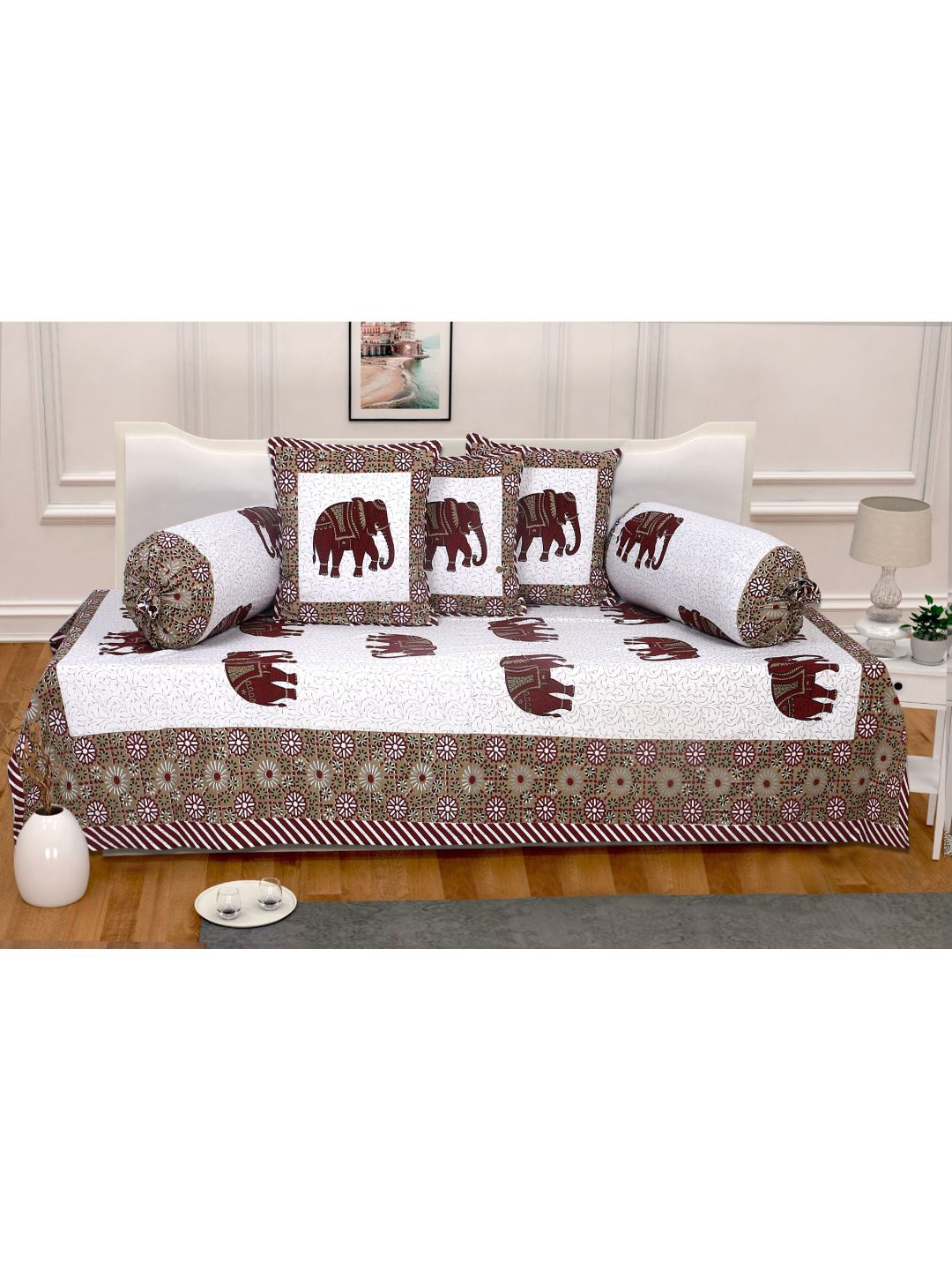 

INDHOME LIFE Set Of 6 White & Brown Printed Jaipuri Print Floral Pure Cotton Diwan Set