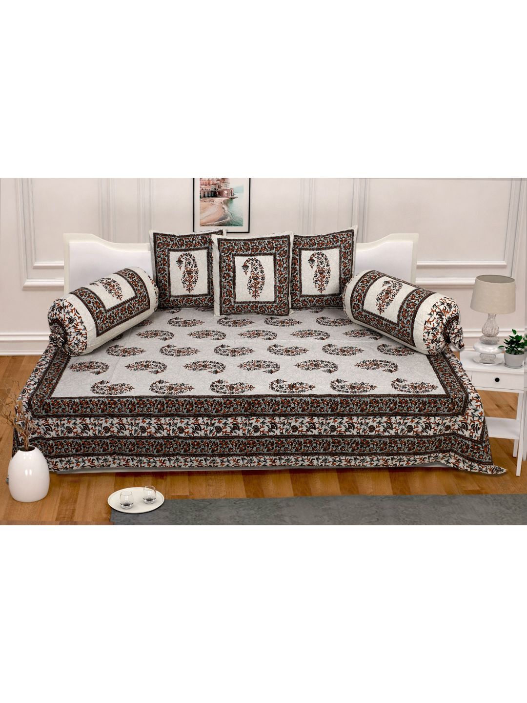

INDHOME LIFE Set Of 6 Beige & Brown Printed Pure Cotton Diwan Set