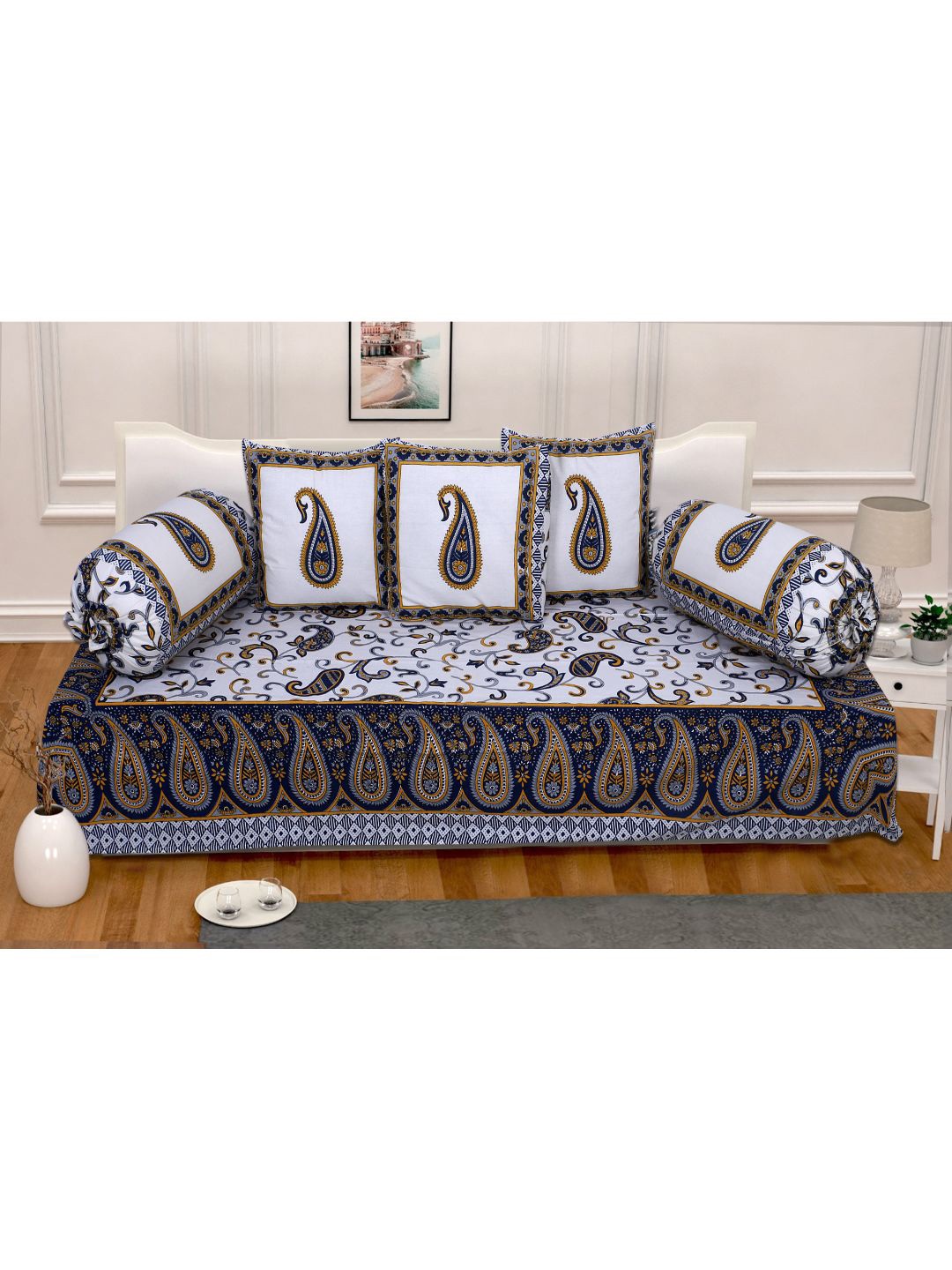 

INDHOME LIFE Set Of 6 Blue & White Jaipuri Printed Pure Cotton Diwan Set