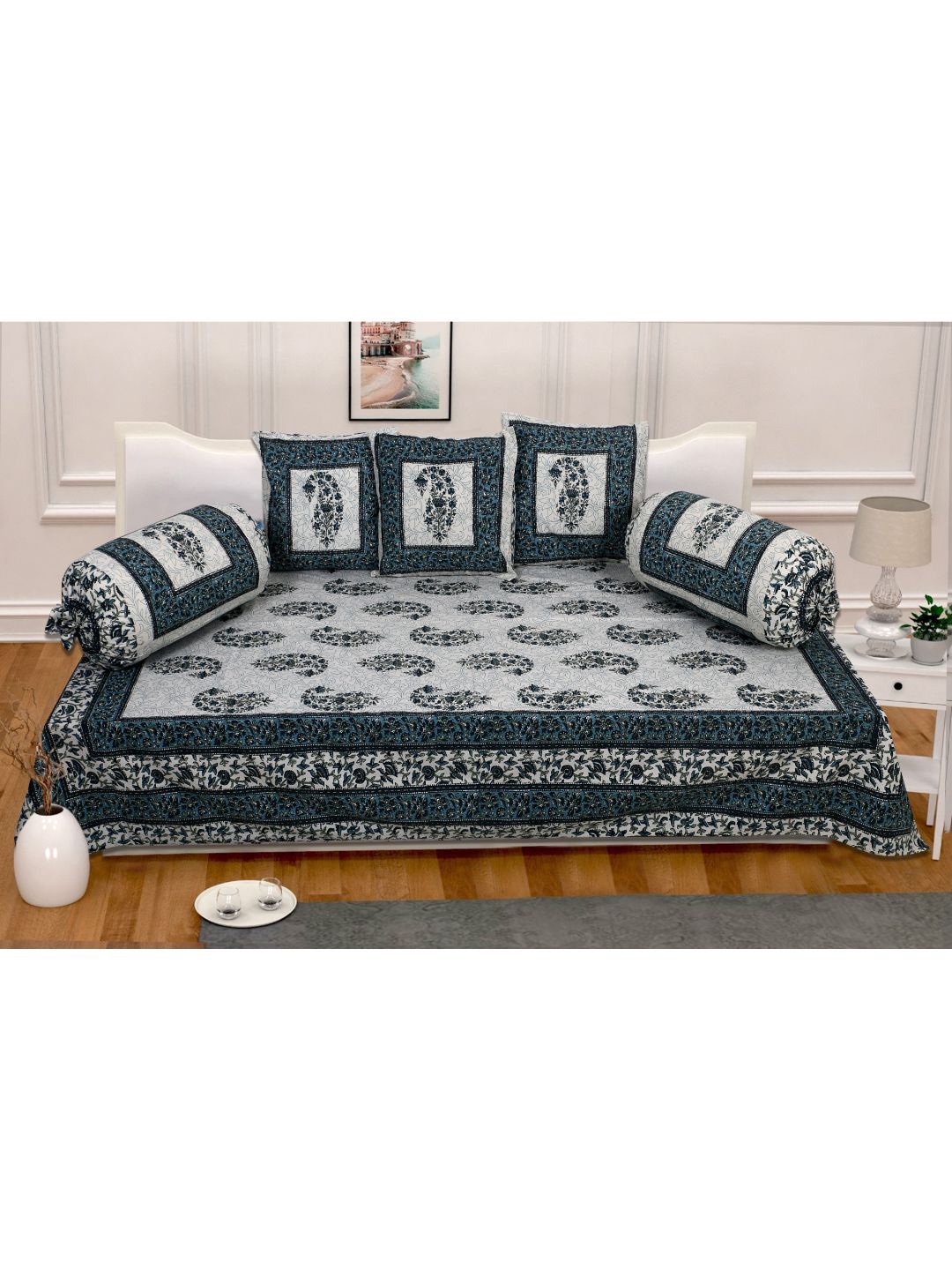 

INDHOME LIFE Set Of 6 Blue & White Printed Cotton Bedsheet With Bolster & Cushion Covers