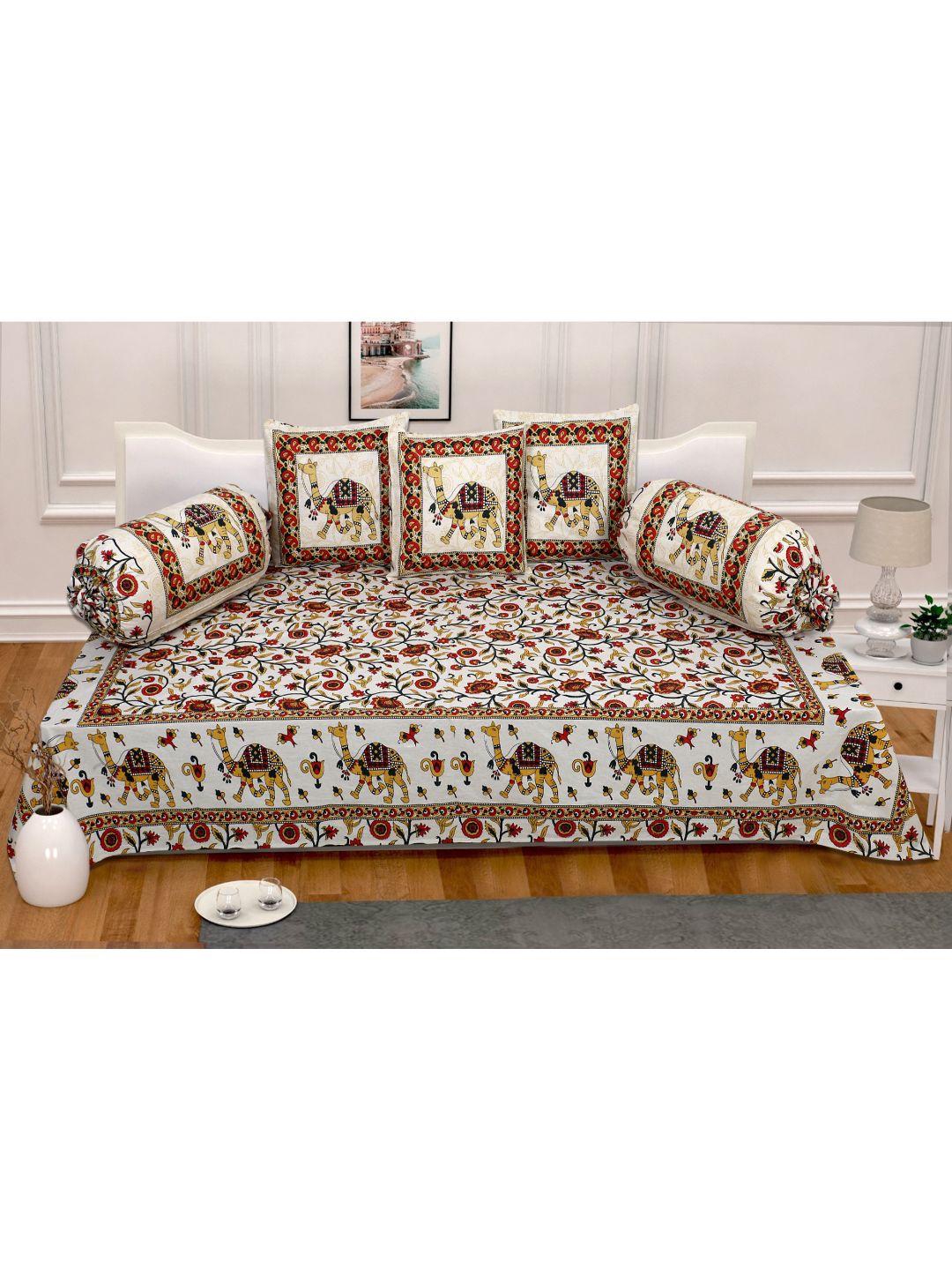 

INDHOME LIFE Set Of 6 White & Beige Jaipuri Printed Pure Cotton Diwan Set