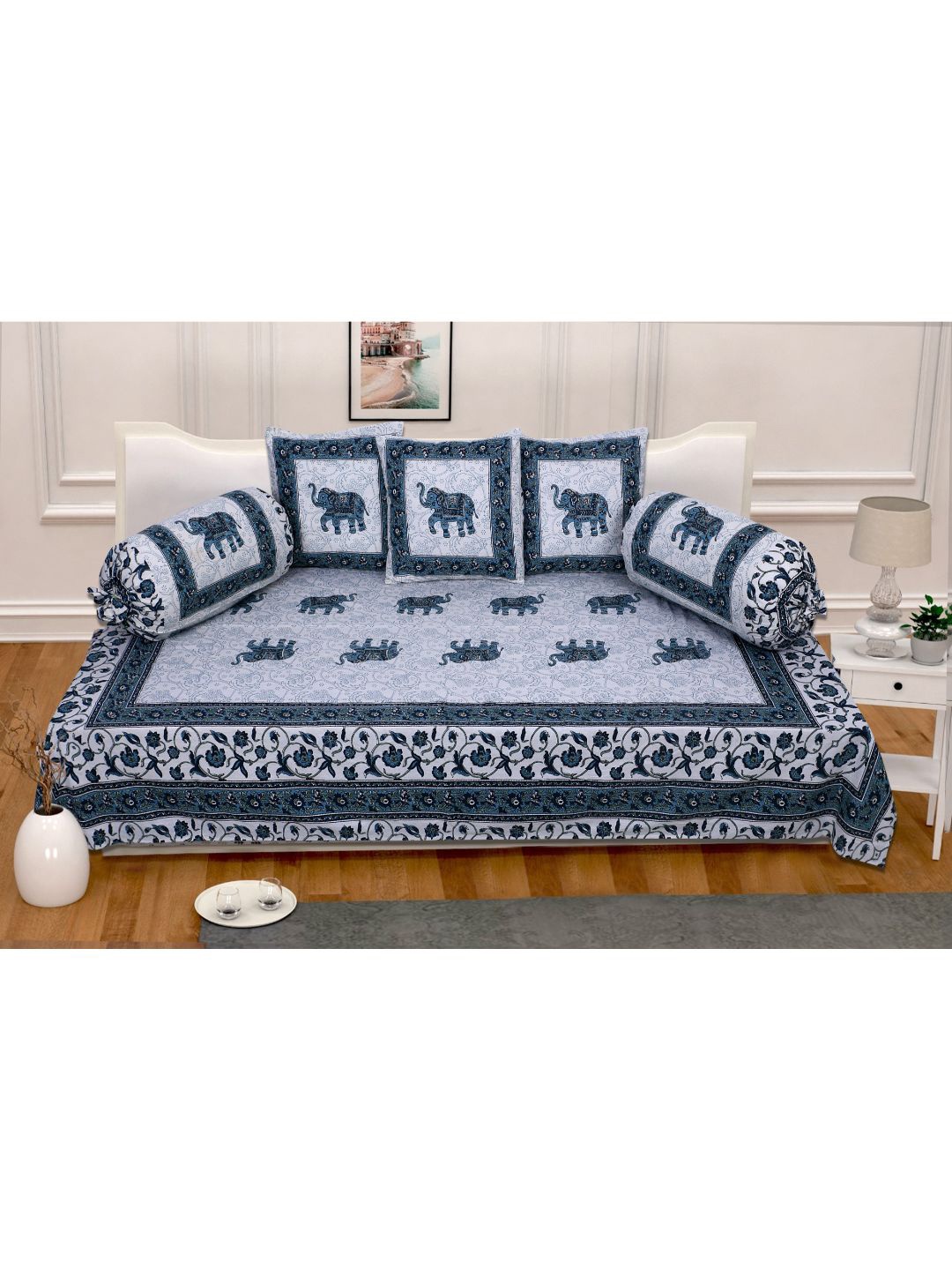 

INDHOME LIFE Set Of 6 White & Green Printed Pure Cotton Single Bedsheet With Bolster Covers & Cushion Covers