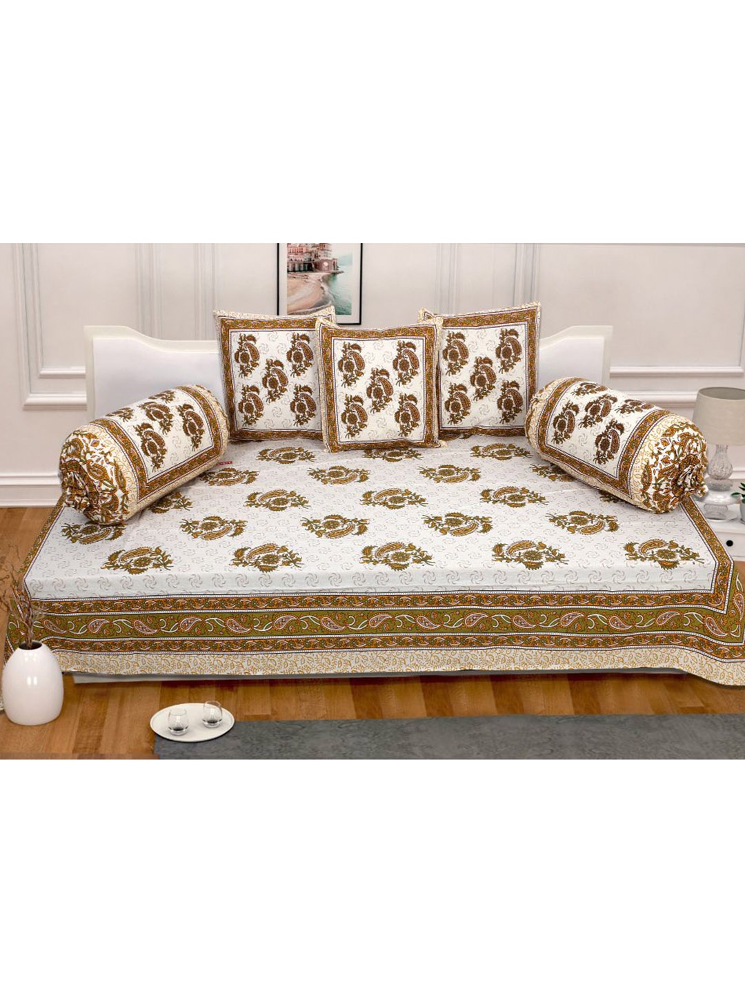 

INDHOME LIFE White & Brown Printed Pure Cotton Diwan Set