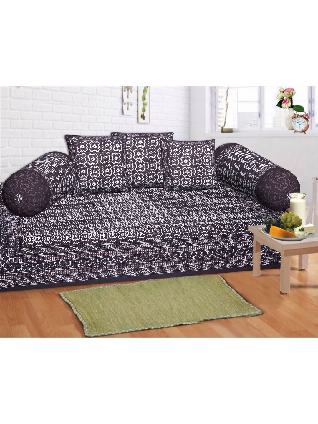 

INDHOME LIFE Set Of 6 Brown & White Printed Cotton Bedsheet With Bolster & Cushion Covers