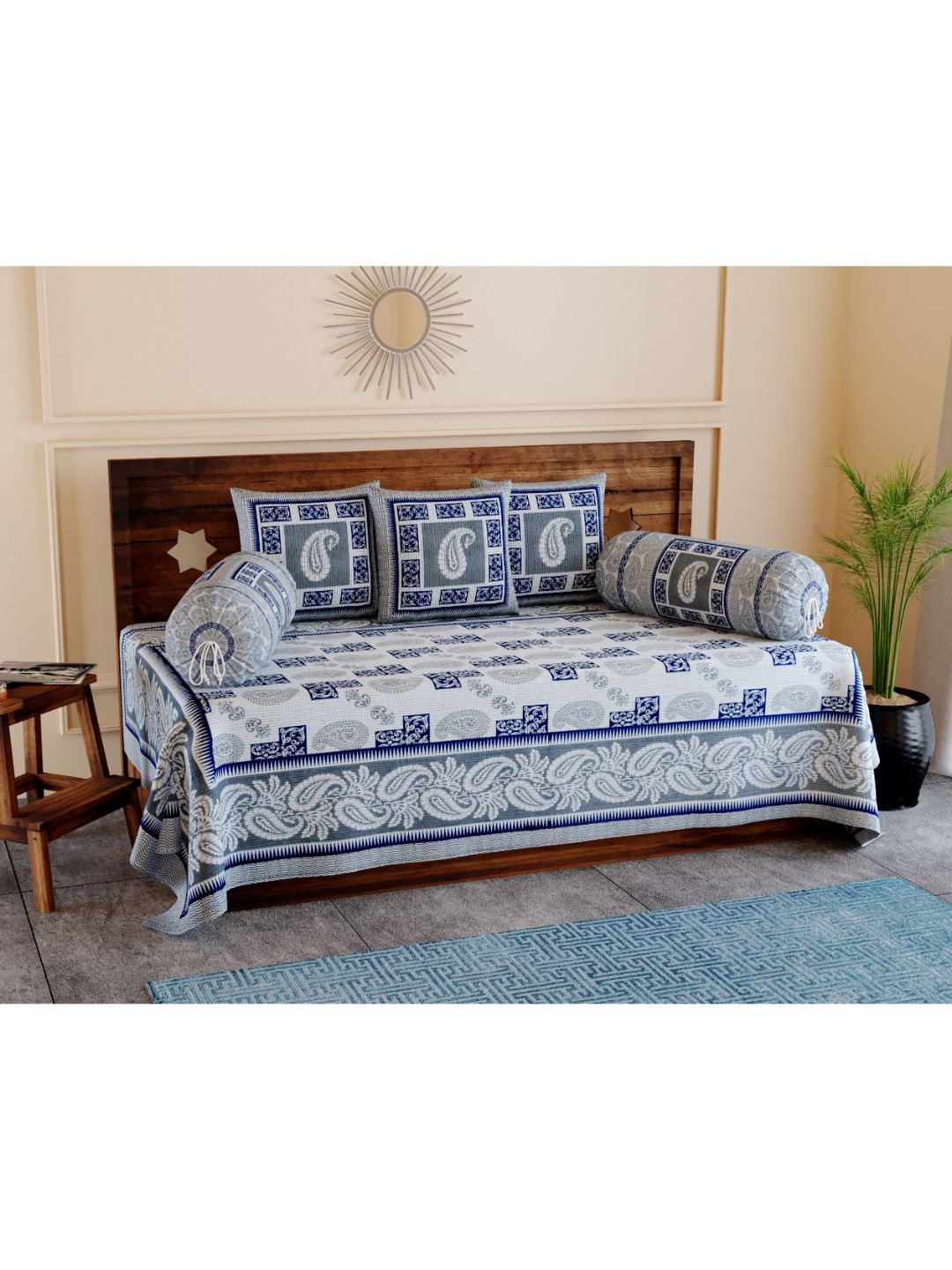 

INDHOME LIFE Set Of 6 White & Blue Jaipuri Printed Pure Cotton Diwan Set