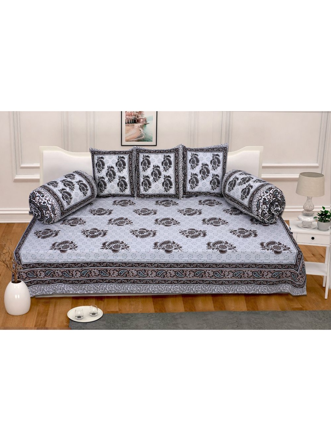 

INDHOME LIFE Set Of 6 White & Brown Printed Floral Pure Cotton Diwan Set