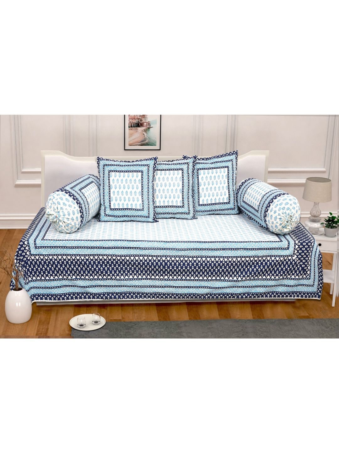 

INDHOME LIFE Set Of 6 Blue & White Printed Pure Cotton Single Bedsheet With Bolster Covers & Cushion Covers