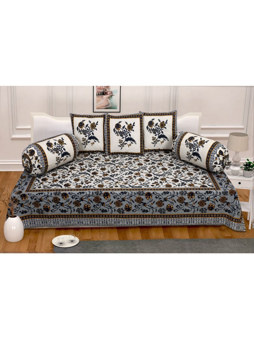 

INDHOME LIFE Set of 6 Off White & Grey Pure Cotton Bedsheet With Bolster & Cushion Covers