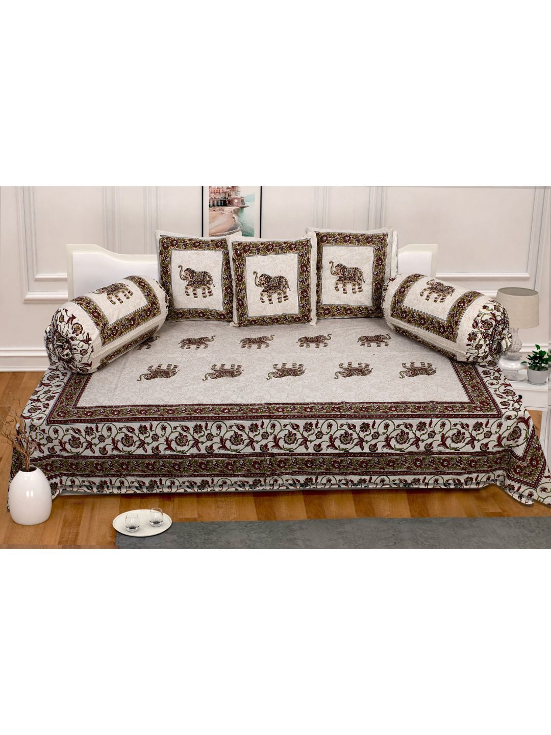 

INDHOME LIFE 6-Pieces White & Brown Printed Pure Cotton Diwan Set
