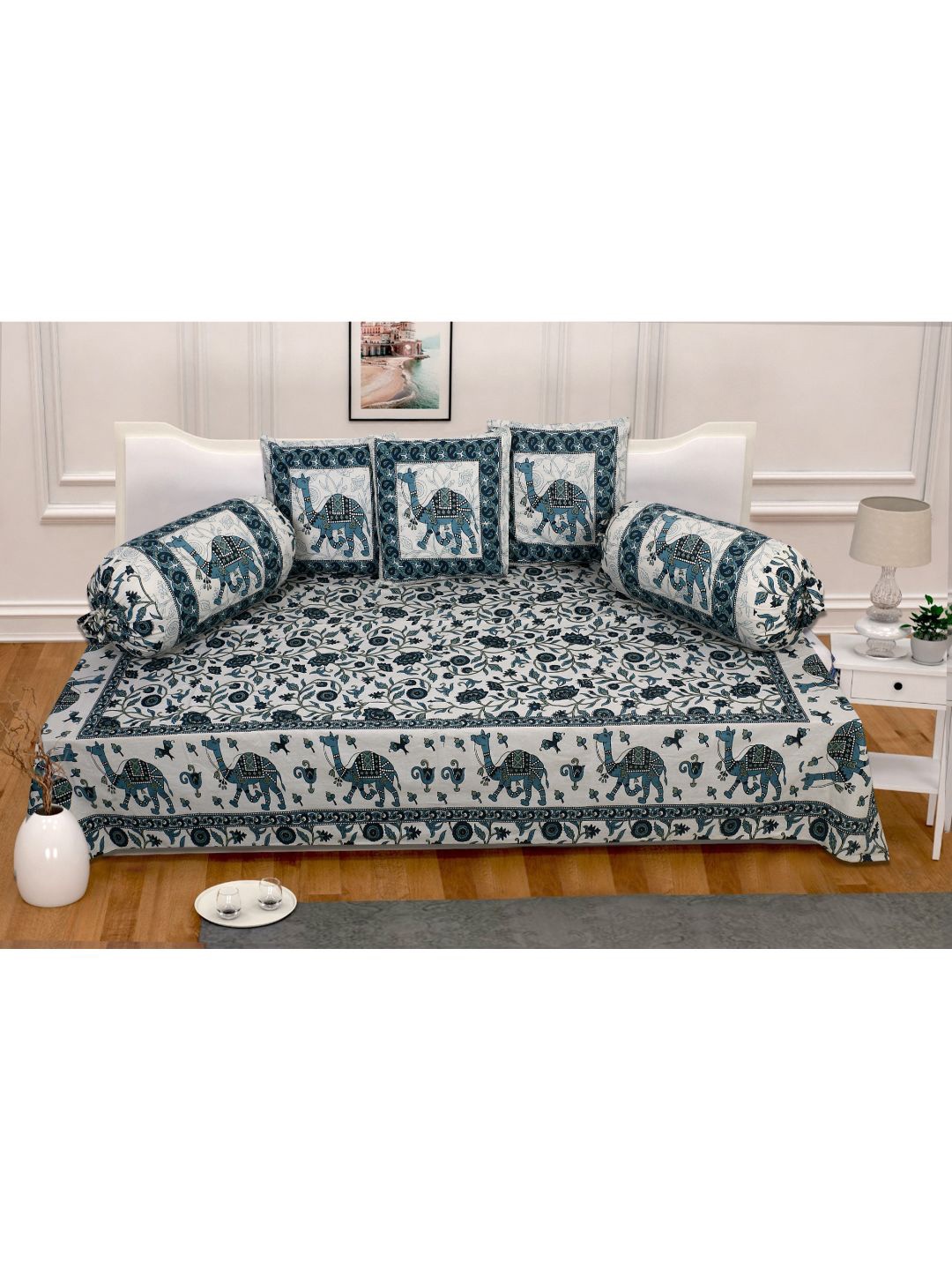 

INDHOME LIFE Set Of 6 Blue & Beige Printed Pure Cotton Bedsheet With 2 Bolsters & 5 Cushion Covers