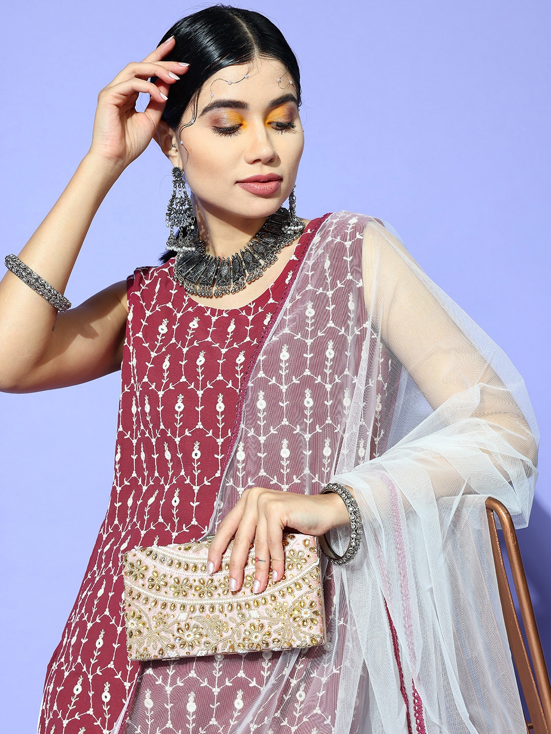

Tikhi Imli Women Maroon Ethnic Motifs Embroidered Thread Work Kurta with Sharara & With Dupatta