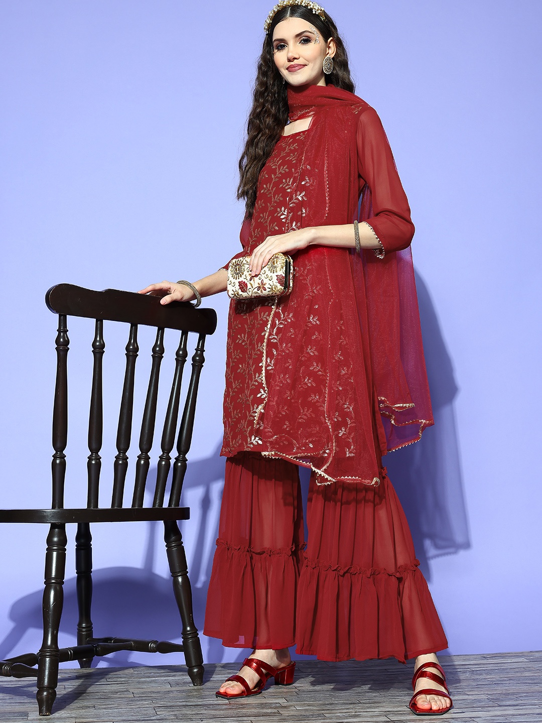 

Tikhi Imli Women Maroon Ethnic Motifs Embroidered Thread Work Kurta with Sharara & With Dupatta