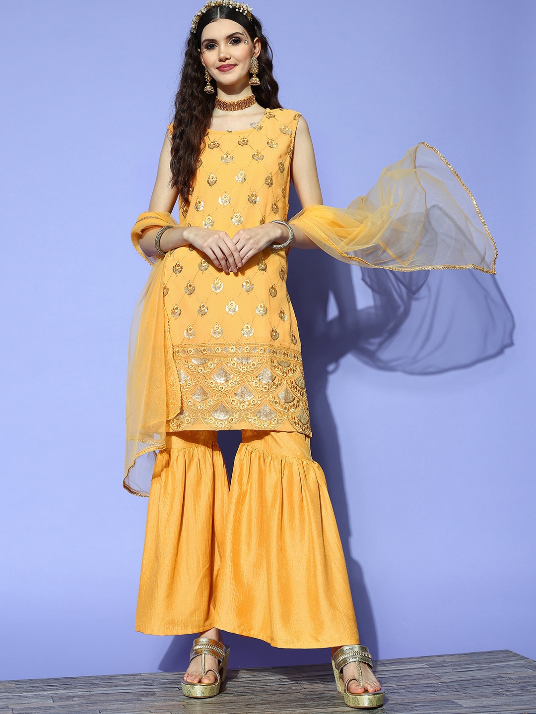 

Tikhi Imli Women Yellow Ethnic Motifs Embroidered Sequinned Kurta with Sharara & With Dupatta