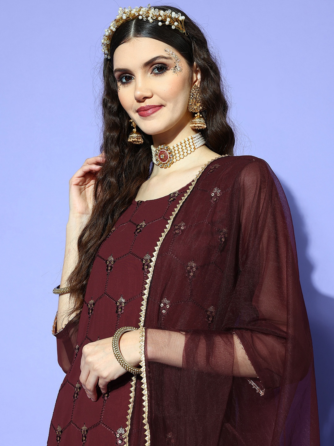 

Tikhi Imli Women Maroon Ethnic Motifs Embroidered Sequinned Kurta with Sharara & With Dupatta