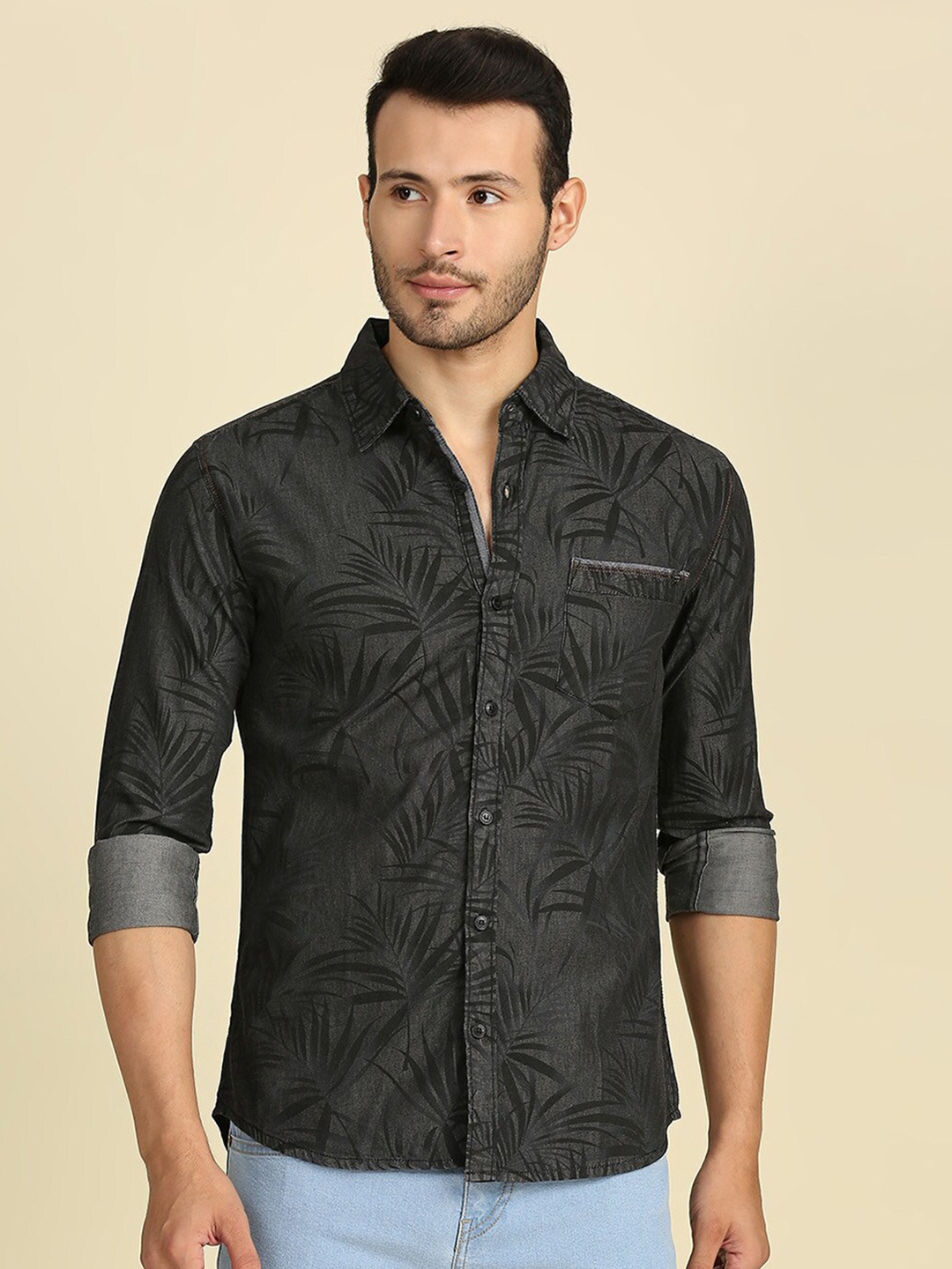 

High Star Men Charcoal Slim Fit Floral Printed Casual Shirt