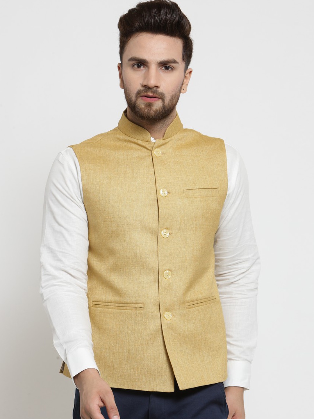 

TREEMODA Men Yellow Solid Nehru Jackets