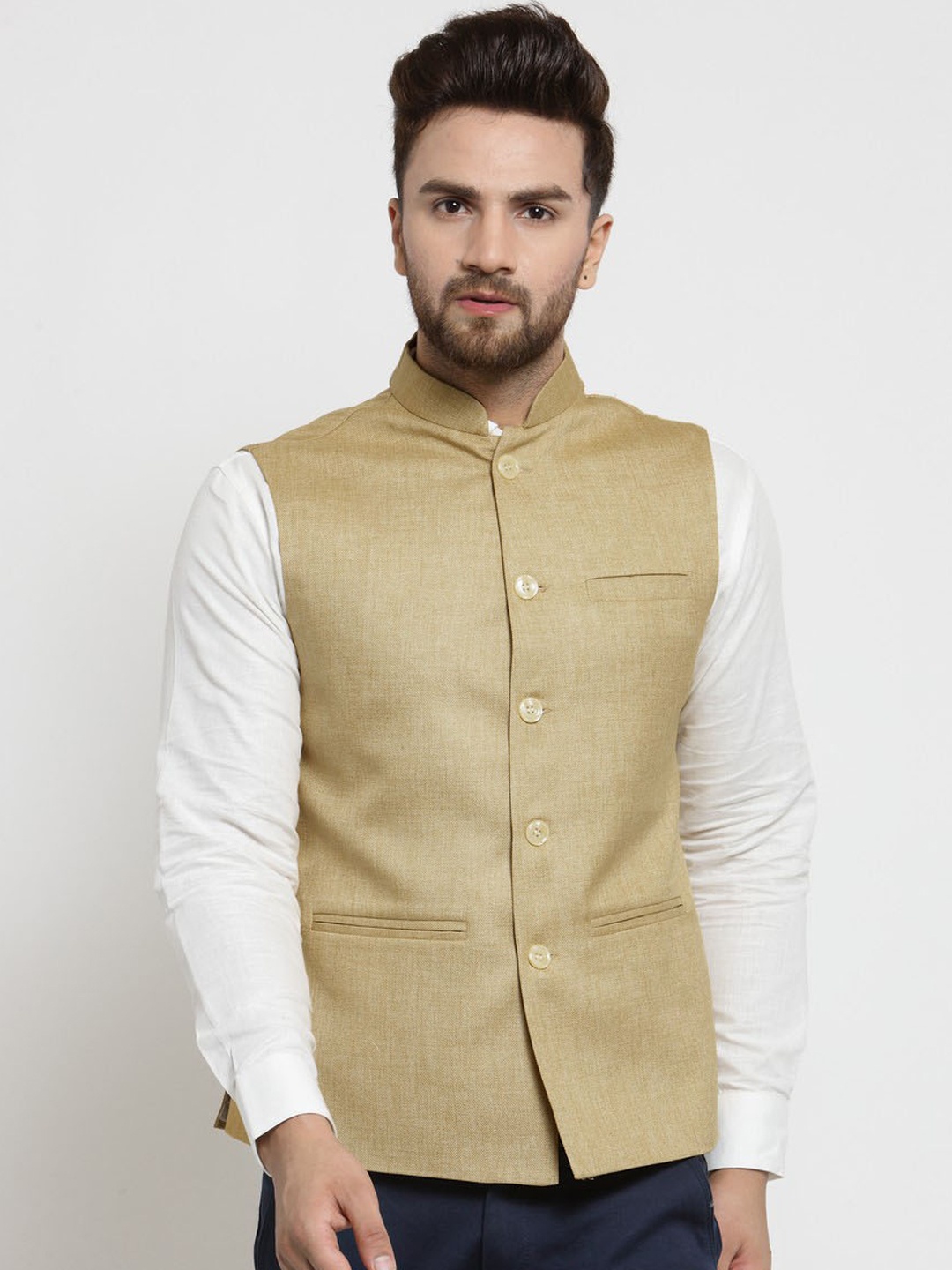 

TREEMODA Men Beige Solid Jute Cotton Nehru Jacket
