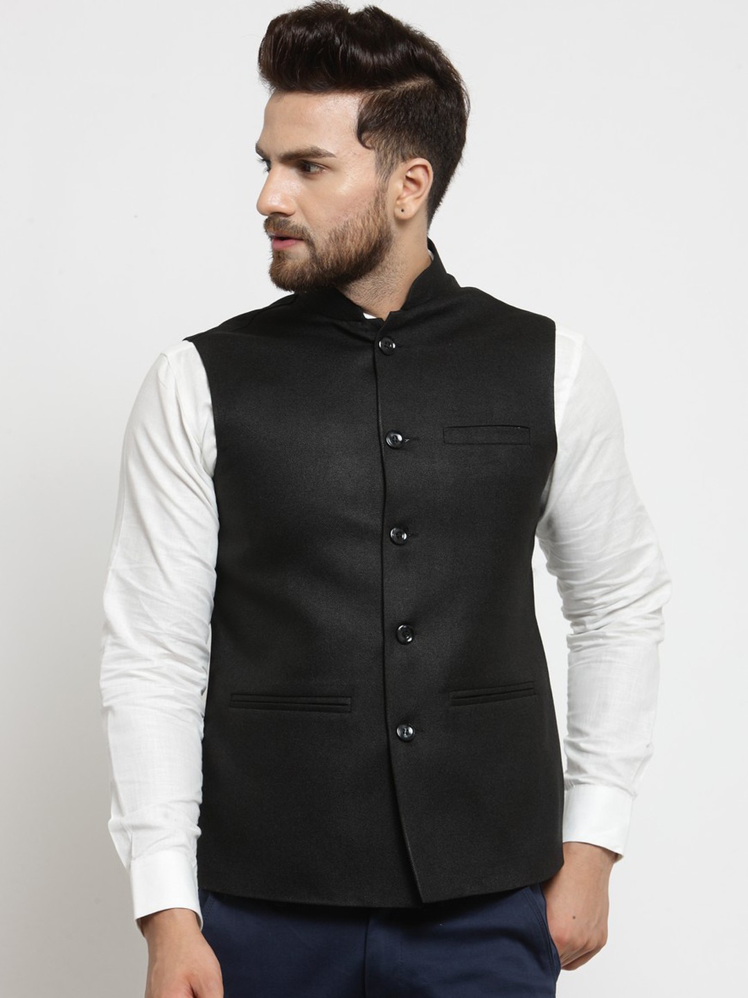 

TREEMODA Men Black Solid Woven Nehru Jackets