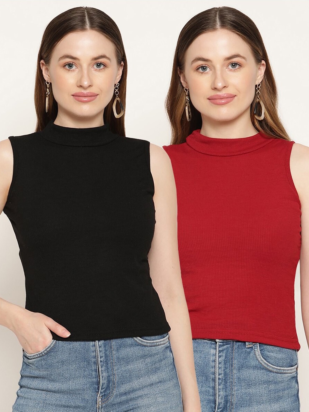 

Miaz Lifestyle Pack Of 2 Red & Black Solid Fitted Tops