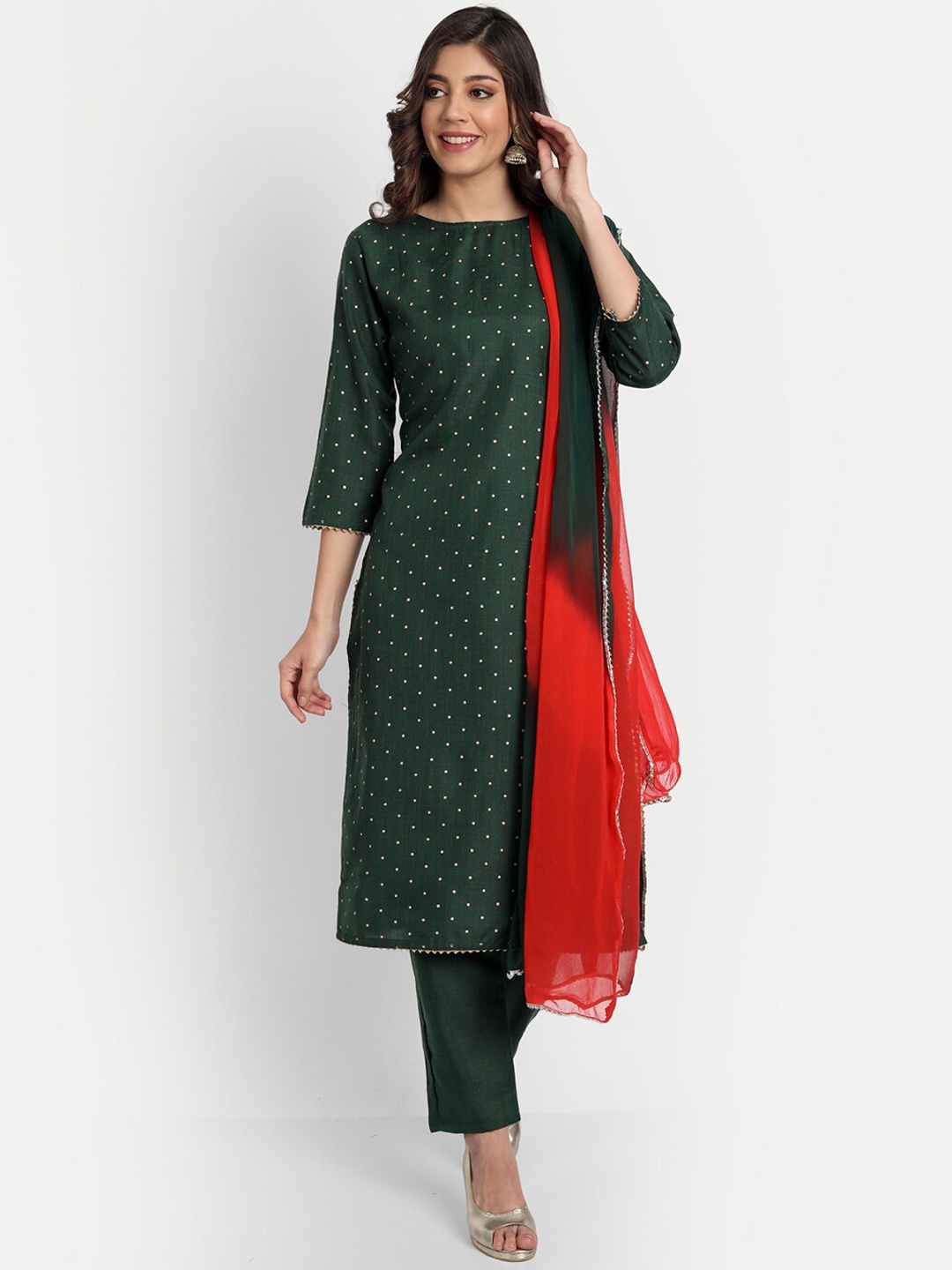 

GUNVANTI FAB Women Green Panelled Kurta with Trousers & With Dupatta