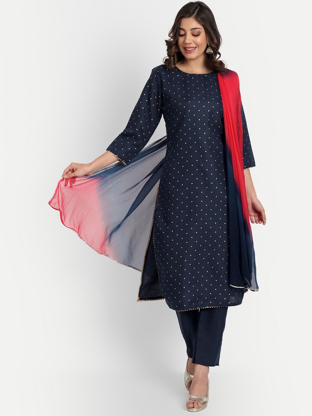 

GUNVANTI FAB Women Navy Blue Printed Kurta with Trousers & With Dupatta