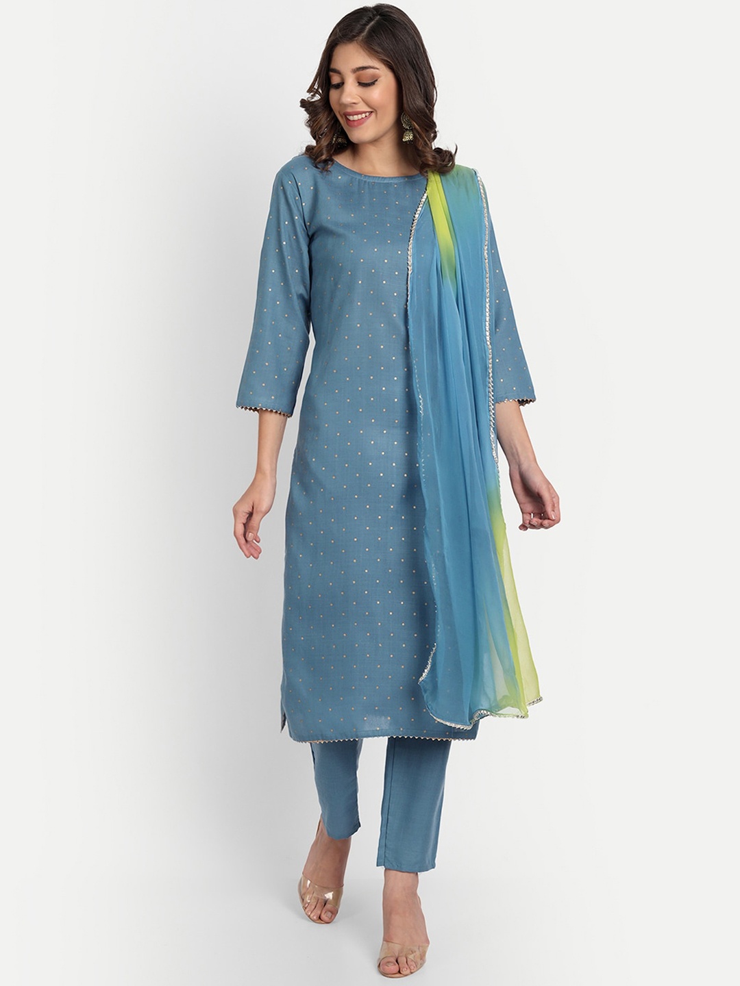 

GUNVANTI FAB Women Teal Blue Printed Kurta with Trousers & With Dupatta