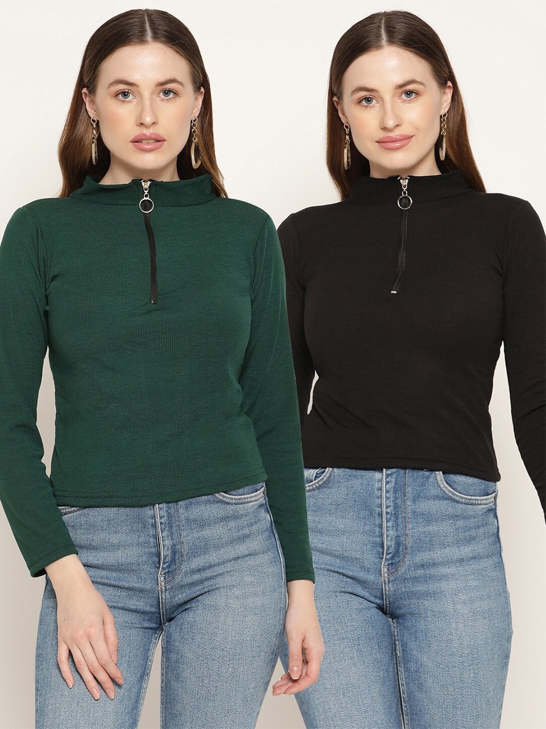 

Miaz Lifestyle Pack Of 2 Green & Black High Neck Top