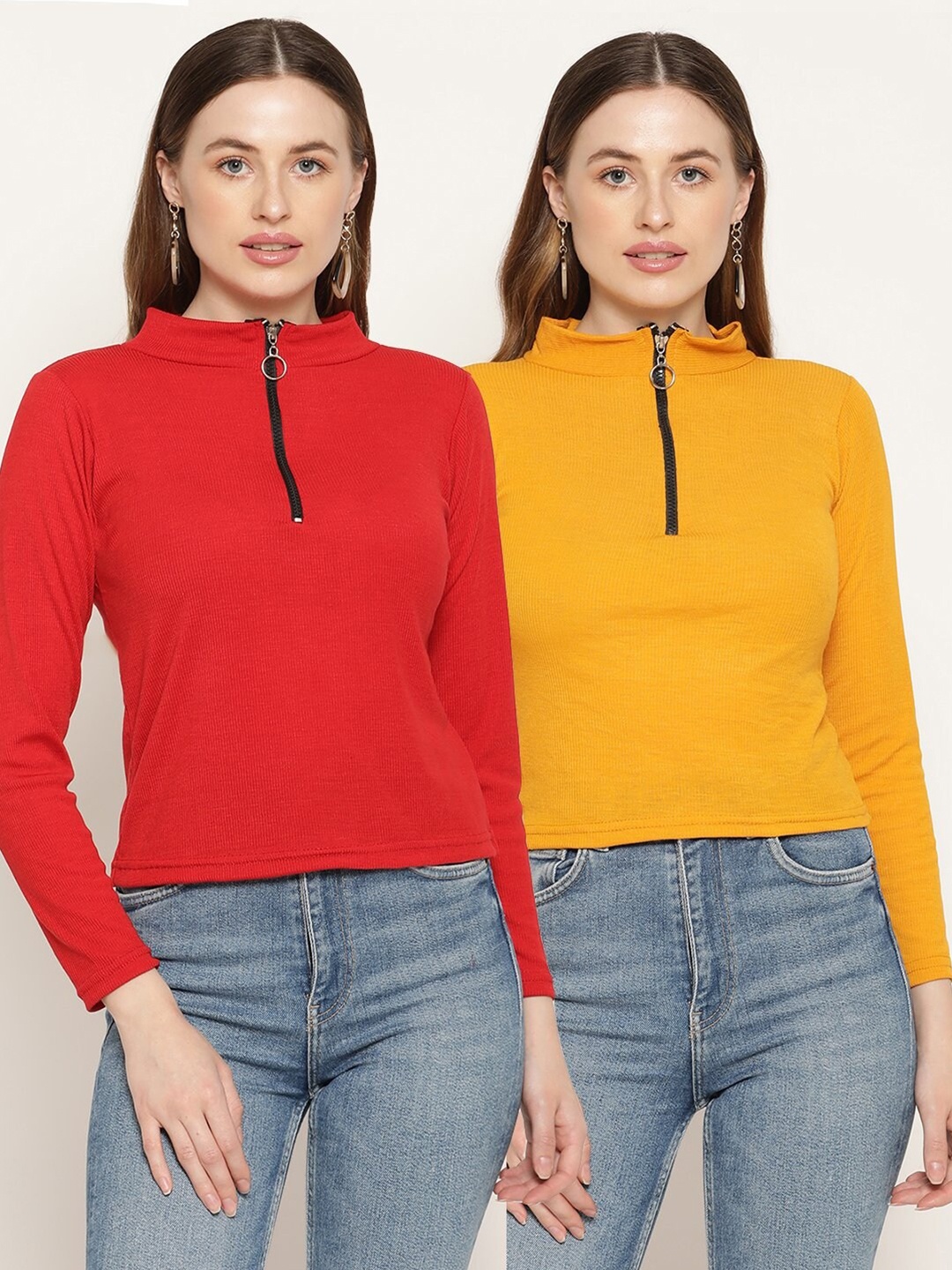 

Miaz Lifestyle Red & Mustard Yellow Pack Of 2 High Neck Top